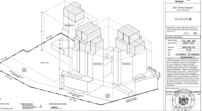 470, 480, 490 Kent Avenue axonometric (Credit - Hill West Architects)